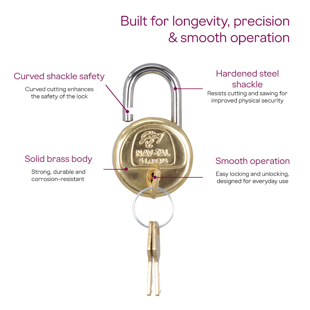 Godrej Padlock | Navtal 5 Lever Brass Padlock 40mm with 3 Keys | Strong Steel Shackle | Rust Resistant Lock for Main Door, Gates, Lockers, Cabinets, Travelling Bags & Tool Boxes | 1 Year Warranty